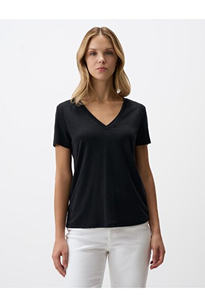 Jimmy Key Tricou de bază cu mânecă scurtă cu decolteu în V negru