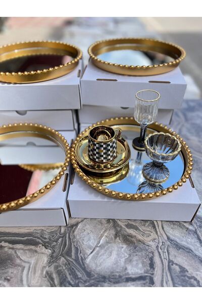 YzHome 1 Adet Yuvarlak Cam Aynalı Plastik Gold Tepsi Sunum Tepsisi 24cm