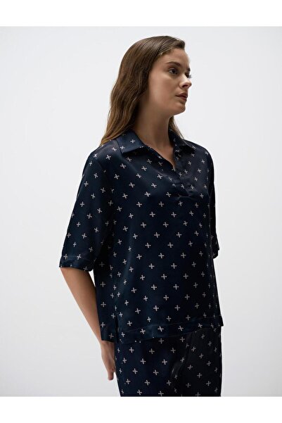 Jimmy Key Синя V-образно деколте, удобна кройка, сатенена блуза с десен