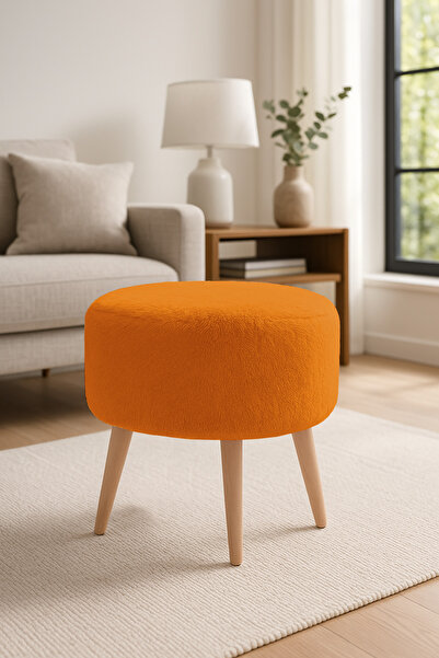 Azra Mobilya TURUNCU - Yuvarlak Welsoft Kumaş Puf | Ahşap Ayaklı Dekoratif Ot...