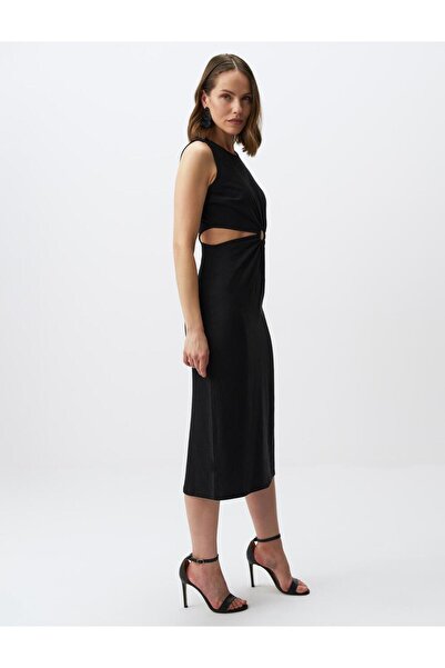 Jimmy Key Black Waist Detailed Sleeveless Linen Midi Dress
