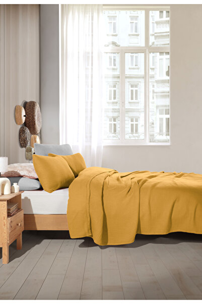 destinyhometex Mustard 4 Layer Muslin 100% Cotton Double Personality Bedspread Without Fringe/Pike 230X240Cm Battal Size