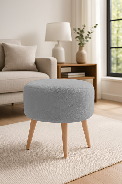 Azra Mobilya GRİ - Yuvarlak Welsoft Kumaş Puf | Ahşap Ayaklı Dekoratif Oturma...