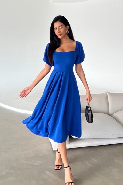 lovebox Women's Stretchy Diver Fabric Square Neck Balloon Sleeve Design Saks Blue Midi Evening Dress582613