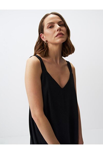 Jimmy Key Základné midi ľanové šaty s výstrihom do V s čiernym popruhom