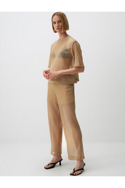 Jimmy Key Altın Yüksek Bel Ajurlu Metalik Pantolon