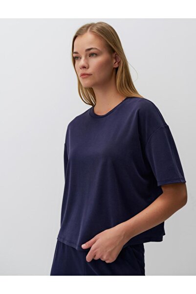 Jimmy Key Navy Blue Loose Cut Short Sleeve Crew Neck Knitted T-Shirt