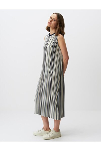 Jimmy Key Blue Crew Neck Sleeveless Striped Pleated Midi Dress