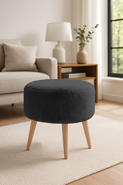 Azra Mobilya ANTRASİT - Yuvarlak Welsoft Kumaş Puf | Ahşap Ayaklı Dekoratif O...