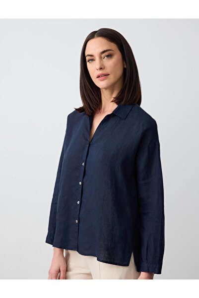 Jimmy Key Lacivert %100 Keten Uzun Kollu Basic Gömlek