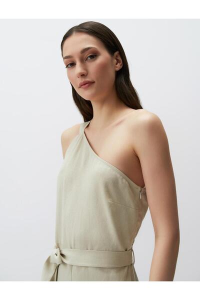 Jimmy Key Linen Jumpsuit - One Shoulder and Belted Stone Color