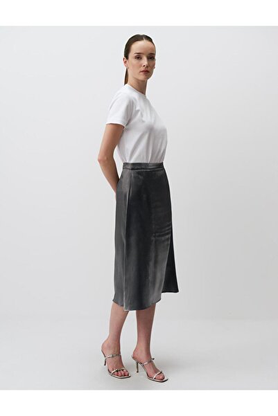 Jimmy Key Silver Regular Waist Shiny Midi Satin Skirt