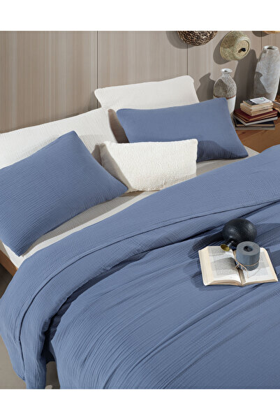 destinyhometex Dark Blue 4 Layer Muslin 100% Cotton XL Single Bedspread Without Fringe/Pike 180 X 240cm