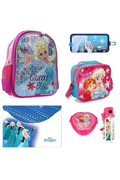 Frozen حقيبة مدرسية أولى مرخصة من إلسا + صندوق غداء + مقلمة + زجاجة ماء + وعاء + ملف (مجموعة مدرسية مكونة من 6 قطع)
