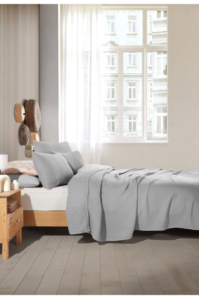 destinyhometex Açık Gri Çift Kişilik 230x240cm Yatak Örtüsü/2 Adet 50x70cm Yastık 4 Katlı Multi Muslin %100 Pamuk