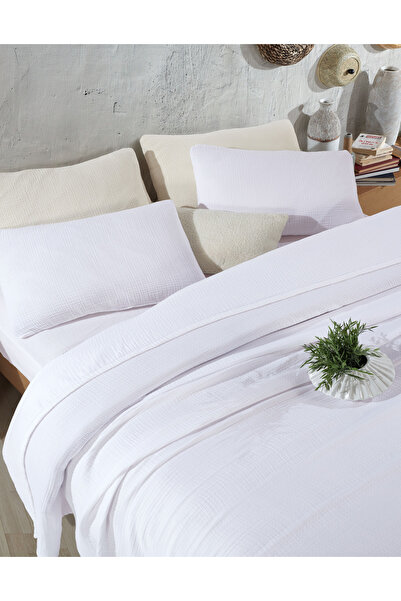 destinyhometex Beyaz Çift Kişilik 200 X 240cm Yatak Örtüsü/2 Adet 50x70cm Yastık 4 Katlı Multi Muslin %100 Pamuk