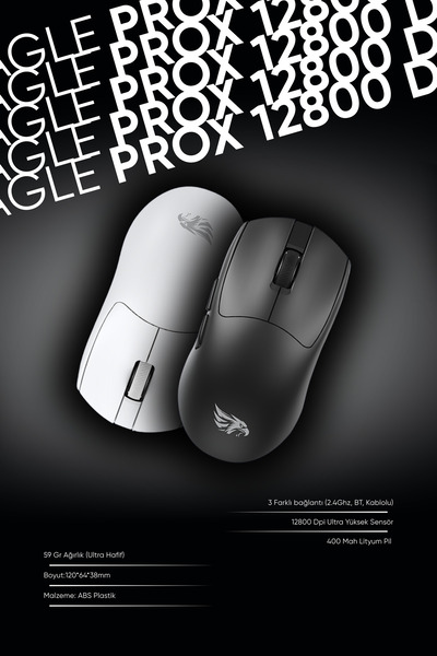 gameagle Prox Bluetooth-Kablosuz-Kablolu Şarjlı 12800 Dpı Hafif 59GR Gaming Mouse Oyuncu Mouse BEYAZ
