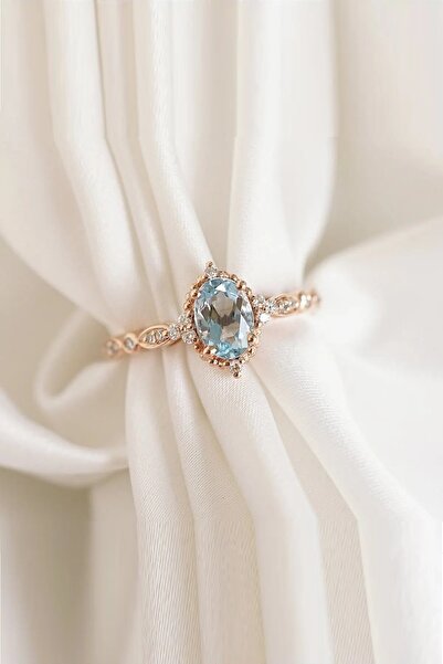 passion silver Aqua Taşlı Prenses 14 Ayar Rose Altın Kaplama Kadın Yüzük