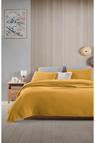destinyhometex Hardal Çift Kişilik 240x250cm Pike/Yatak Örtüsü/2 Adet 50x70cm Yastık 4 Kat Muslin %100 Pamuk