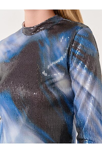 Jimmy Key Blue Long Sleeve Sequin Embroidered Blouse