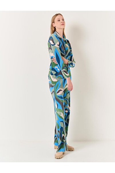 Jimmy Key Mixed High Waist Wide Leg Abstract Patterned Trousers