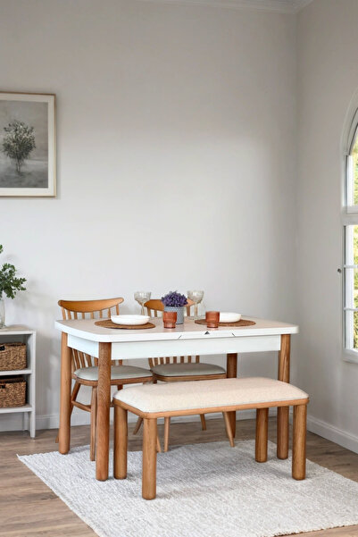 Woodenbend Kolin Natural Beyaz Açılır Masa Takımı 70x127 cm – 2 Sandalyeli + ...