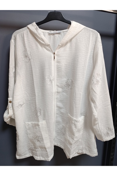 AKŞEN GİYİM Large Size 100% Cotton Linen Glitter Flower Embroidered 80 cm Base Covering Size Hooded Jacket