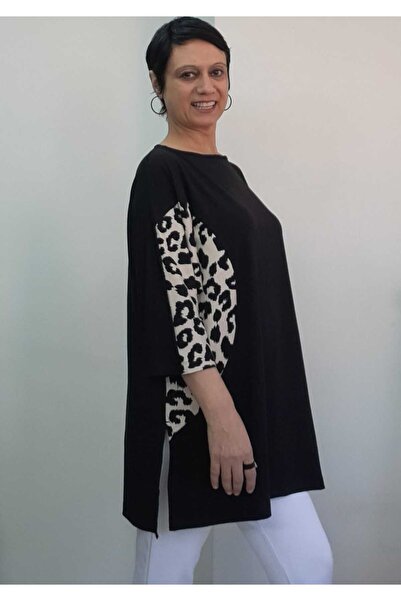 Mertcan Butik Black Boat Neck Side Cup Cream Black Trim Loose Bat Three-Quarter Sleeve Combed Viscose T-Shirt