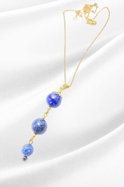 ayrestyle Lapis Lazuli Natural Stone Necklace - Blue Necklace - Casual Blue Lapis Lazuli Gold Colored Three Stone Necklace