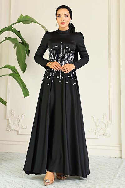 Olcay Ausgestelltes, vorne mit Steinmuster verziertes Satin-Hijab-Abendkleid SCHWARZ 1680