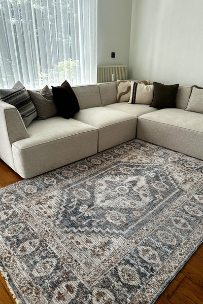 Cool Halı Belina Cream Blue Vintage Round Carpet – Ethnic Pattern Classic Loop Rug for Living Room