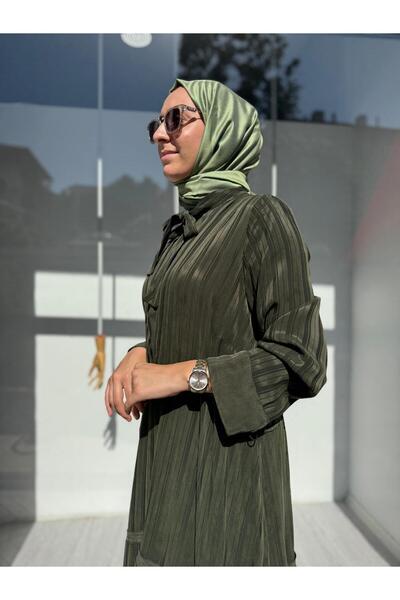 MissWhence Striped Waist Tightening Women's Cupro Dress Green