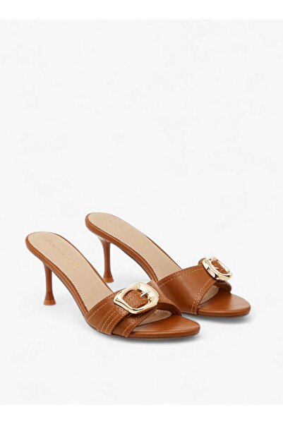 Paprika Buckle Accent Slip-On Sandals with Stiletto Heels