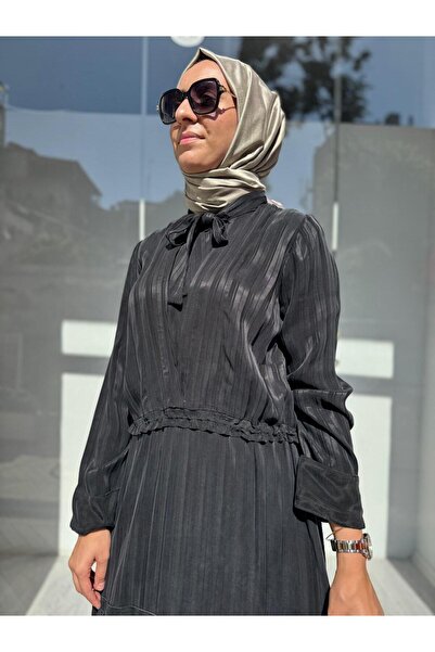 MissWhence Striped Waist Cinch Women's Cupro Dress Black