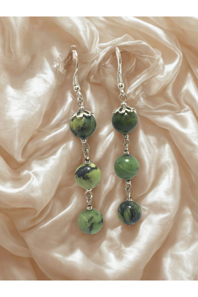 ayrestyle Yeşim Doğal Taşı Uzun Sallantılı Küpe - Yeşil Sallantılı Kancalı Doğal Taş Kadın Küpesi - Gümüş