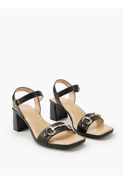 Paprika Metal Accent Block Heel Sandals with Buckle Closure