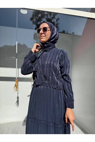 MissWhence Striped Waist Tight Women's Cupro Dress Navy Blue