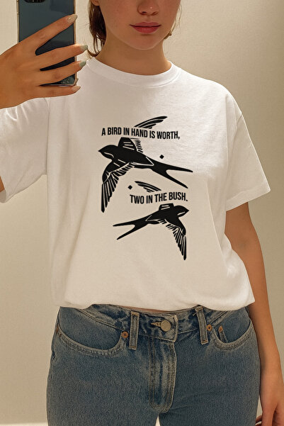 BLUGRIN تي شيرت مطبوع عليه طائر أساسي للجنسين |   أبيض