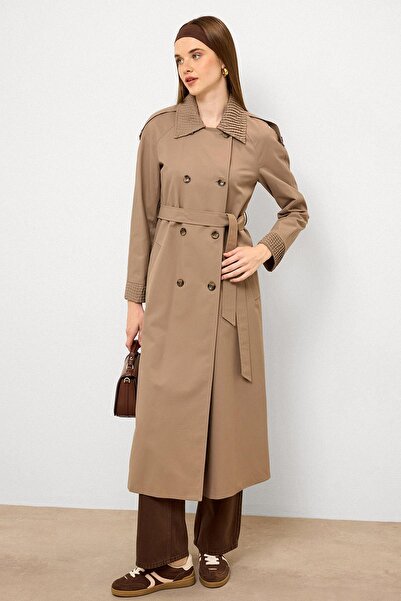 Olcay Epaulet Detailed Pleated Garnished Water Repellent Trench Coat S.Brown 6773