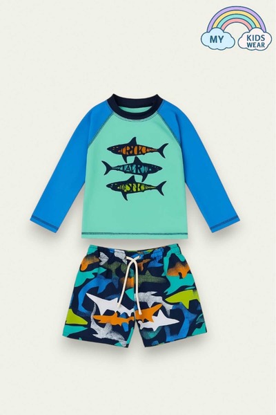 My Kids Wear Sun Protection Character Patterned Swimsuit Suit with Sea Shorts