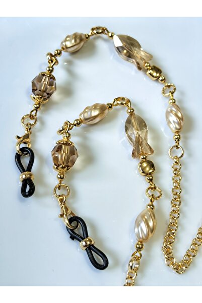 THİNBLACK GÖZLÜK ZİNCİRİ GERÇEK KRİSTAL TAŞLI BALIK FİGÜRLÜ İNCİLİ ALTIN KAPL...