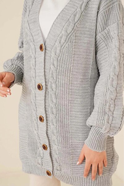 trikomode Gray Knitted Pattern Buttoned Long Women's Cardigan