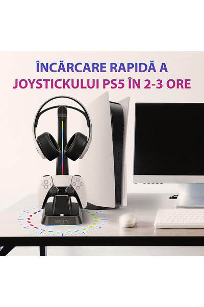 Unified Studios Stație de încărcare controller PS5 cu suport pentru căști, iluminare RGB, indicator LED, port USB