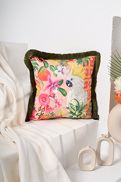 DECO White Geometric Pasha Printed Velvet Cushion - Fringed