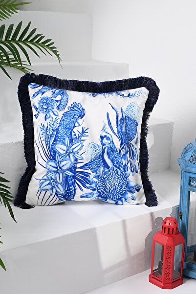 DECO Sax Mavi Папуга з візерунком, оксамитова подушка - цифровий друк, з бахромою