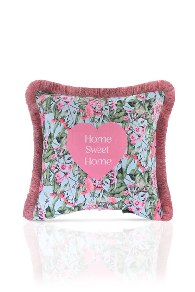 DECO Pink Flower Patterned Digital Printed Velvet Throw Pillow - Fringed