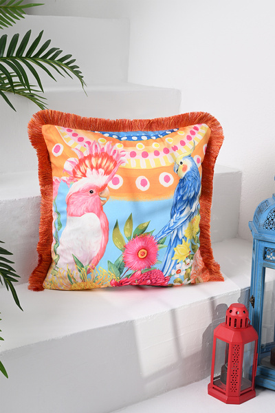 DECO Digital Printed Velvet Throw Pillow - Parrots Patterned, Fringed