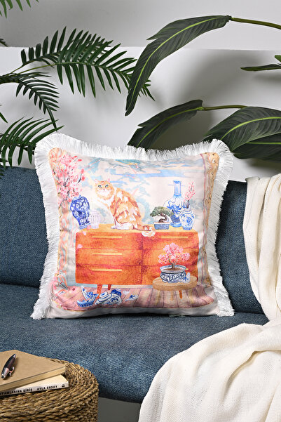 DECO Pernă de catifea imprimată digital cu model de pisică și vază obraznică de culoare pastel