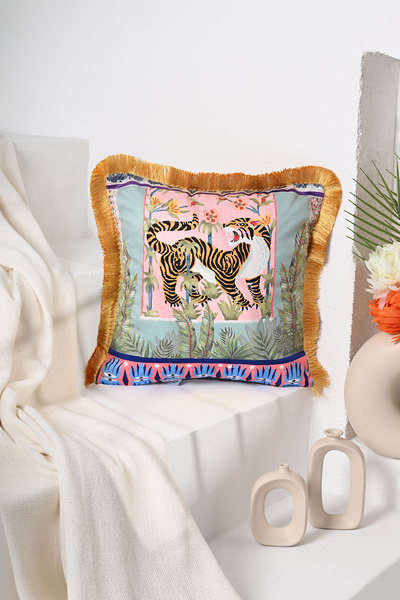 DECO Bengal Patterned Digital Printed Velvet Fringed - Watercolor, Throw Pillow Cover