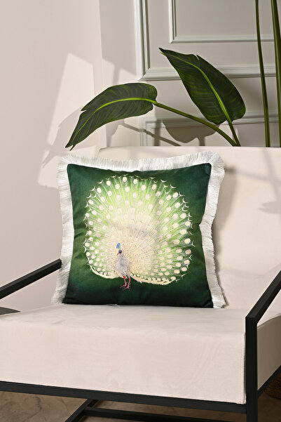 decofav غطاء وسادة مزخرف مخملي أخضر مزخرف بنمط الطاووس الأبيض مقاس 43 × 43 سم